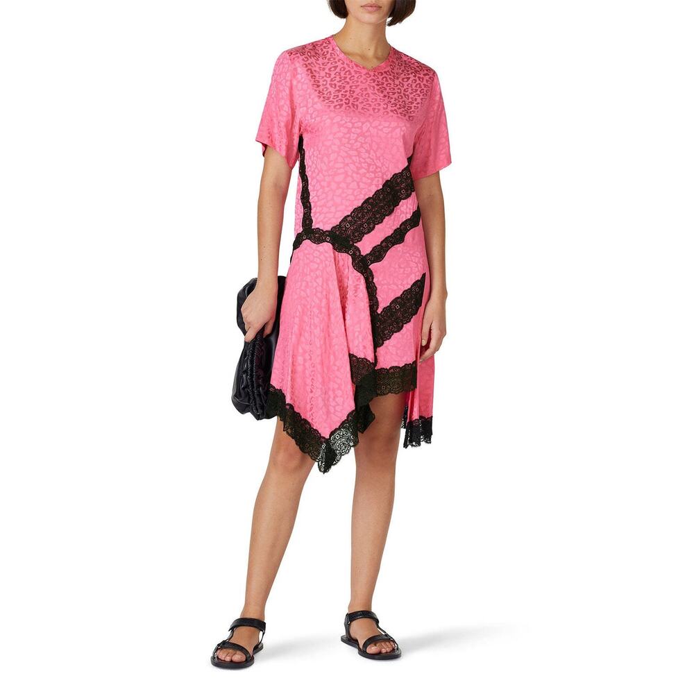 Koche Tee Dress Women's Size 40 US 8 Pink Leopard Black Lace Trim Short Sleeve